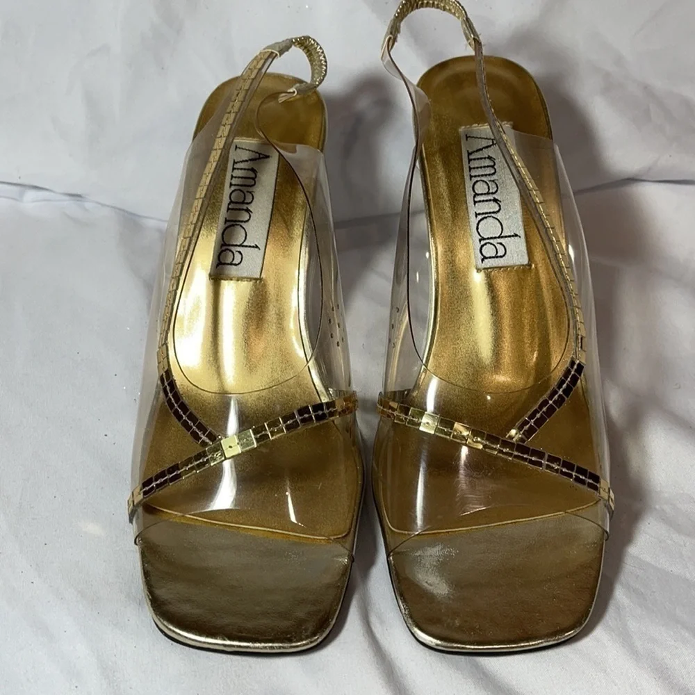 Amanda Acrylic Heels with Gold Accents - EUC